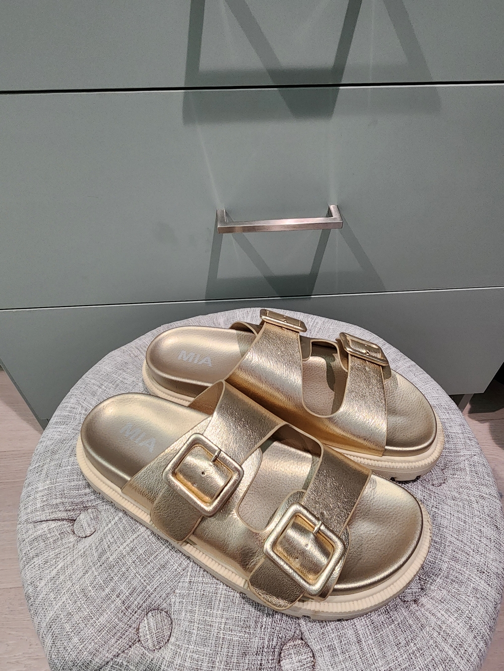 MIA Gold Double-Buckle Slide Sandals for Women